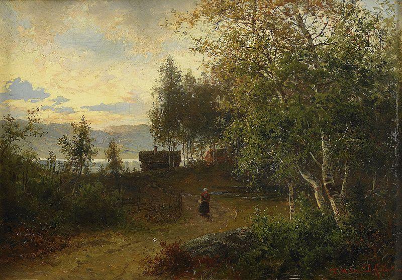 Josefina Holmlund Norrlandskt kustlandskap med kvinna pa vag oil painting image
